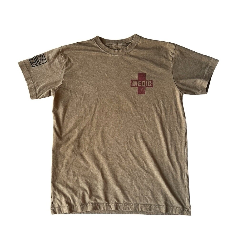 Bunker 27 Medic T Shirt Mens Small Military Tactical Caduceus USA Flag Tan
